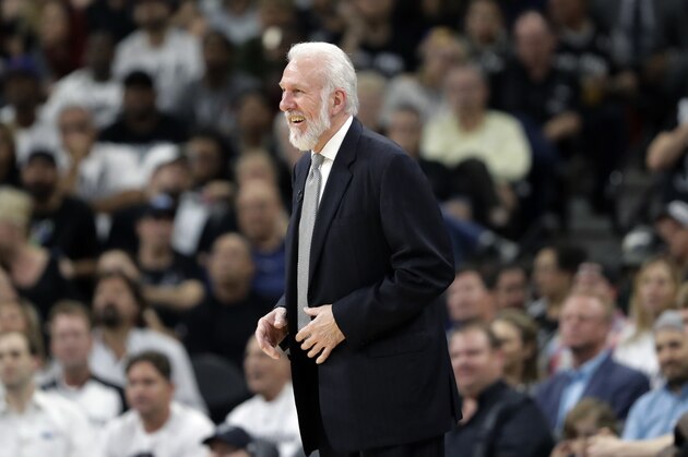 San Antonio Spurs head coach Gregg Popovich during the second half in Game 2 of a first-round NBA basketball playoff series against the Memphis Grizzlies, Monday, April 17, 2017, in San Antonio. (AP Photo/Eric Gay)