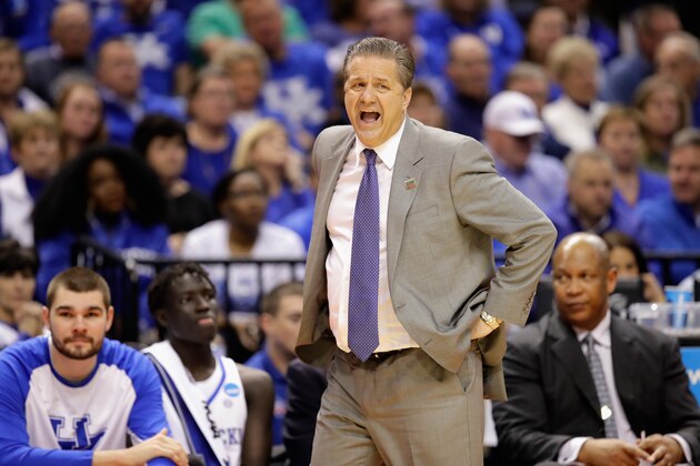 INDIANAPOLIS, IN - MARCH 17:  Head coach John Calipari of the Kentucky Wildcats reacts during the game against the Northern Kentucky Norse during the first round of the 2017 NCAA Men's Basketball Tournament at Bankers Life Fieldhouse on March 17, 2017 in Indianapolis, Indiana.  (Photo by Andy Lyons/Getty Images)