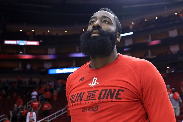HOUSTON, TX - MAY 11:  James Harden #13 of the Houston Rockets leaves the court after their 114-75 loss to the San Antonio Spurs Game Six of the NBA Western Conference Semi-Finals at Toyota Center on May 11, 2017 in Houston, Texas.  NOTE TO USER: User expressly acknowledges and agrees that, by downloading and or using this photograph, User is consenting to the terms and conditions of the Getty Images License Agreement.  (Photo by Ronald Martinez/Getty Images)
