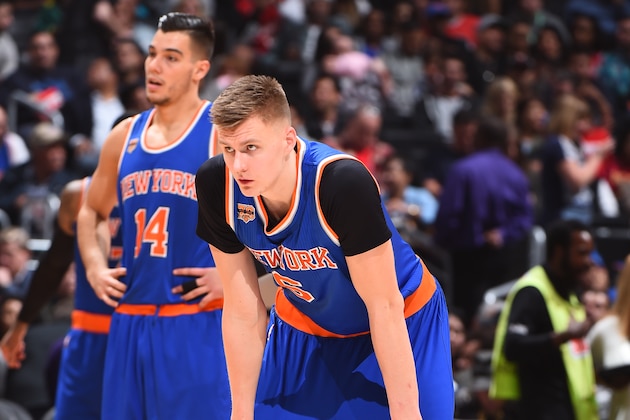 LOS ANGELES, CA - MARCH 20:  Kristaps Porzingis #6 of the New York Knicks is seen during the game against the LA Clippers on March 20, 2017 at STAPLES Center in Los Angeles, California. NOTE TO USER: User expressly acknowledges and agrees that, by downloading and/or using this Photograph, user is consenting to the terms and conditions of the Getty Images License Agreement. Mandatory Copyright Notice: Copyright 2017 NBAE (Photo by Andrew D. Bernstein/NBAE via Getty Images)