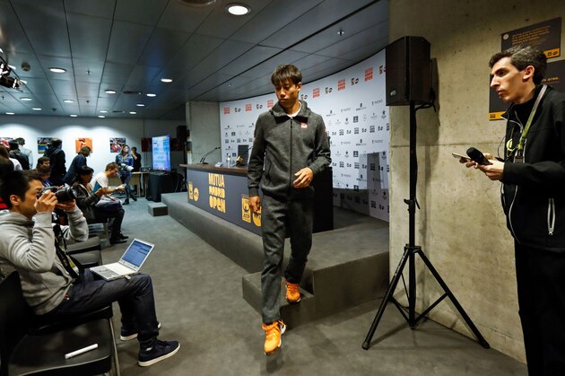 Japanese tennis player Kei Nishikori leaves after giving a press conference announcing his withdrawal from the tournament ATP Madrid Open in Madrid, on May 12, 2017.
Novak Djokovic moved into the semi-finals of the Madrid Masters today without hitting a ball as Kei Nishikori withdrew citing the recurrence of a wrist injury, tournament organisers said. / AFP PHOTO / OSCAR DEL POZO        (Photo credit should read OSCAR DEL POZO/AFP/Getty Images)