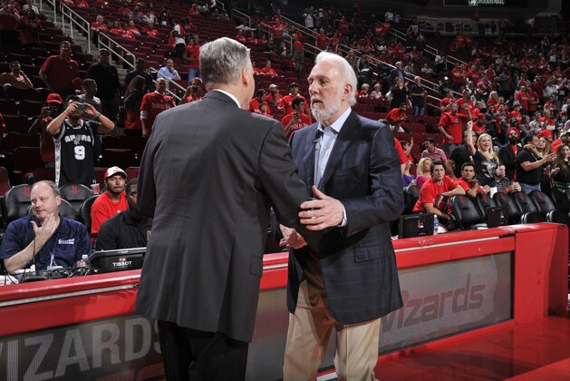 HOUSTON, TX - MAY 11:  Gregg Popovich of the San Antonio Spurs and Mike D'Antoni of the Houston Rockets are seen after Game Six of the Western Conference Semifinals of the 2017 NBA Playoffs on May 11, 2017 at the Toyota Center in Houston, Texas. NOTE TO USER: User expressly acknowledges and agrees that, by downloading and/or using this photograph, user is consenting to the terms and conditions of the Getty Images License Agreement. Mandatory Copyright Notice: Copyright 2017 NBAE (Photo by Bill Baptist/NBAE via Getty Images)