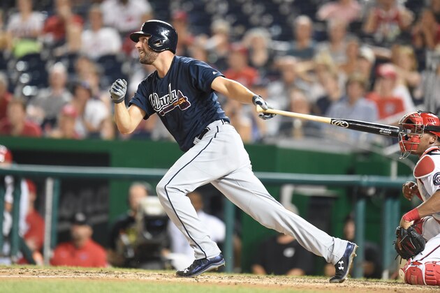 WASHINGTON, DC - AUGUST 13:  Jeff Francoeur #18 of the Atlanta Braves takes a swing during a baseball game against the Washington Nationals at Nationals Park on August 13, 2016 in Washington, DC.  The Nationals won 7-6.  (Photo by Mitchell Layton/Getty Images)
