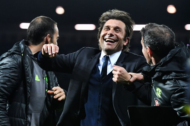 Chelsea's Italian head coach Antonio Conte celebrates victory after the English Premier League match between West Bromwich Albion and Chelsea at The Hawthorns stadium in West Bromwich, west Midlands on May 12, 2017. / AFP PHOTO / Anthony Devlin        (Photo credit should read ANTHONY DEVLIN/AFP/Getty Images)
