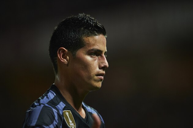 GRANADA, SPAIN - MAY 06:  James Rodriguez of Real Madrid CF looks on  during the La Liga match between Granada CF v Real Madrid CF at Estadio Nuevo Los Carmenes on May 6, 2017 in Granada, Spain.  (Photo by Aitor Alcalde/Getty Images)