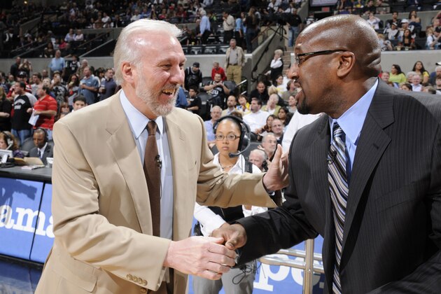 SAN ANTONIO - FEBRUARY 27: Gregg Popovich Head Coach of the San Antonio Spurs talks with Mike Brown Head Choach of the Cleveland Cavaliers before the game on February 27, 2009 at the AT&T Center in San Antonio, Texas. NOTE TO USER: User expressly acknowledges and agrees that, by downloading and/or using this Photograph, user is consenting to the terms and conditions of the Getty Images License Agreement. Mandatory Copyright Notice: Copyright 2009 NBAE (Photo by D. Clarke Evans/NBAE via Getty Images)