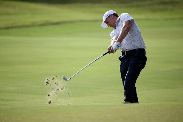 May 12, 2017; Ponte Vedra Beach, FL, USA; Jordan Spieth hits from the fairway on the 16th hole during the second round of The Players Championship golf tournament at TPC Sawgrass - Stadium Course. Mandatory Credit: Peter Casey-USA TODAY Sports
