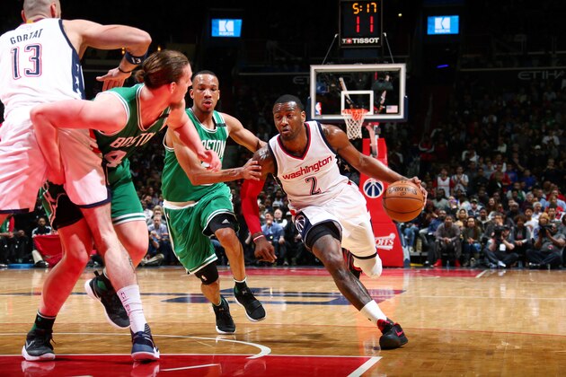 WASHINGTON, DC -  MAY 12: John Wall #2 of the Washington Wizards drives to the basket during the game against the Boston Celtics during Game Six of the Eastern Conference Semifinals of the 2017 NBA Playoffs on May 12, 2017 at Verizon Center in Washington, DC. NOTE TO USER: User expressly acknowledges and agrees that, by downloading and or using this Photograph, user is consenting to the terms and conditions of the Getty Images License Agreement. Mandatory Copyright Notice: Copyright 2017 NBAE (Photo by Ned Dishman/NBAE via Getty Images)