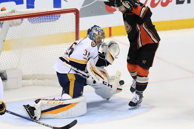 ANAHEIM, CA - MAY 12: Goaltender Pekka Rinne #35 of the Nashville Predators makes a save as Andrew Cogliano #7 of the Anaheim Ducks avoids contact in the crease area diuring the second period of Game One of the Western Conference Final during the 2017 Stanley Cup Playoffs at Honda Center on May 12, 2017 in Anaheim, California. (Photo by Sean M. Haffey/Getty Images) ANAHEIM, CA - MAY 12: Goaltender Pekka Rinne #35 of the Nashville Predators makes a save as Andrew Cogliano #7 of the Anaheim Ducks avoids contact in the crease area diuring the second period of Game One of the Western Conference Final during the 2017 Stanley Cup Playoffs at Honda Center on May 12, 2017 in Anaheim, California. (Photo by Sean M. Haffey/Getty Images)
