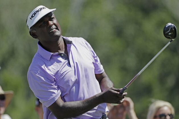 Vijay Singh, of Fiji, hits from the ninth tee during the second round of The Players Championship golf tournament Friday, May 12, 2017, in Ponte Vedra Beach, Fla. (AP Photo/Chris O'Meara)