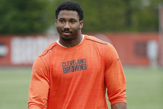 BEREA, OH - MAY 12: Myles Garrett #95 of the Cleveland Browns looks on during the team's rookie camp at the Cleveland Browns Training Facility on May 12, 2017 in Berea, Ohio. (Photo by Joe Robbins/Getty Images)