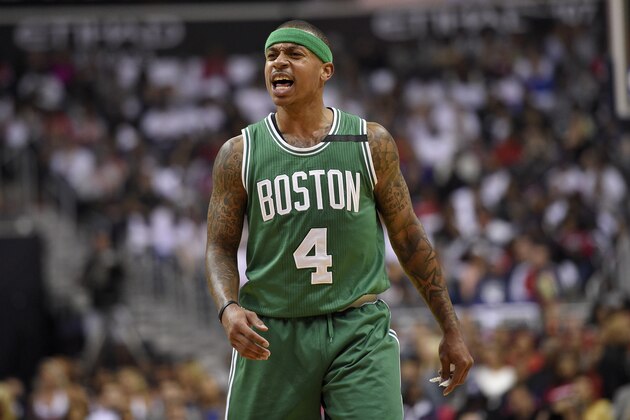 Boston Celtics guard Isaiah Thomas (4) reacts during the first half in Game 4 of a second-round NBA basketball playoff series against the Washington Wizards, Sunday, May 7, 2017, in Washington. (AP Photo/Nick Wass)