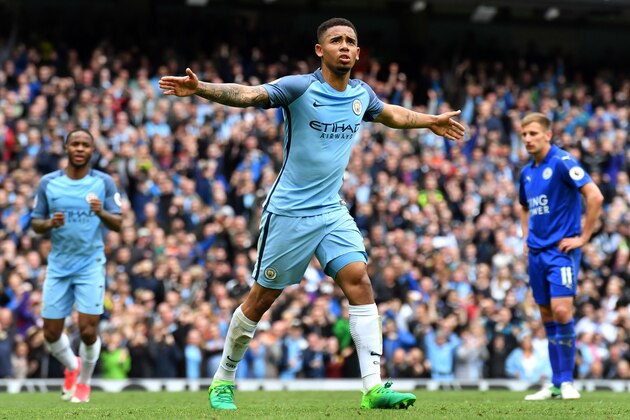 Manchester City's Brazilian striker Gabriel Jesus celebrates scoring the second goal during the English Premier League football match between Manchester City and Leicester City at the Etihad Stadium in Manchester, north west England, on May 13, 2017. / AFP PHOTO / Anthony Devlin / RESTRICTED TO EDITORIAL USE. No use with unauthorized audio, video, data, fixture lists, club/league logos or 'live' services. Online in-match use limited to 75 images, no video emulation. No use in betting, games or single club/league/player publications.  /         (Photo credit should read ANTHONY DEVLIN/AFP/Getty Images)