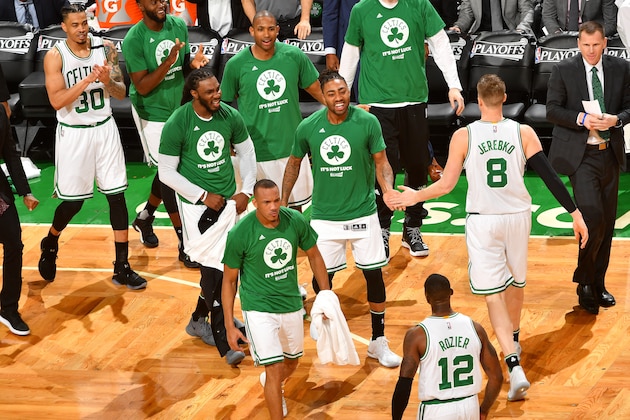 BOSTON, MA - APRIL 26: The Boston Celtics huddle up during the game against the Chicago Bulls in Game Five of the Eastern Conference Quarterfinals of the 2017 NBA Playoffs on April 26, 2017 at TD Garden in Boston, Massachusetts. NOTE TO USER: User expressly acknowledges and agrees that, by downloading and or using this Photograph, user is consenting to the terms and conditions of the Getty Images License Agreement. Mandatory Copyright Notice: Copyright 2017 NBAE (Photo by Jesse D. Garrabrant/NBAE via Getty Images)