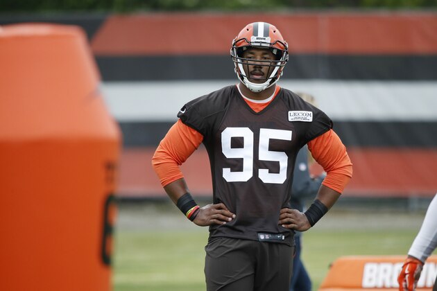 BEREA, OH - MAY 12: Myles Garrett #95 of the Cleveland Browns in action during the team's rookie camp at Cleveland Browns Training Facility on May 12, 2017 in Berea, Ohio. (Photo by Joe Robbins/Getty Images)