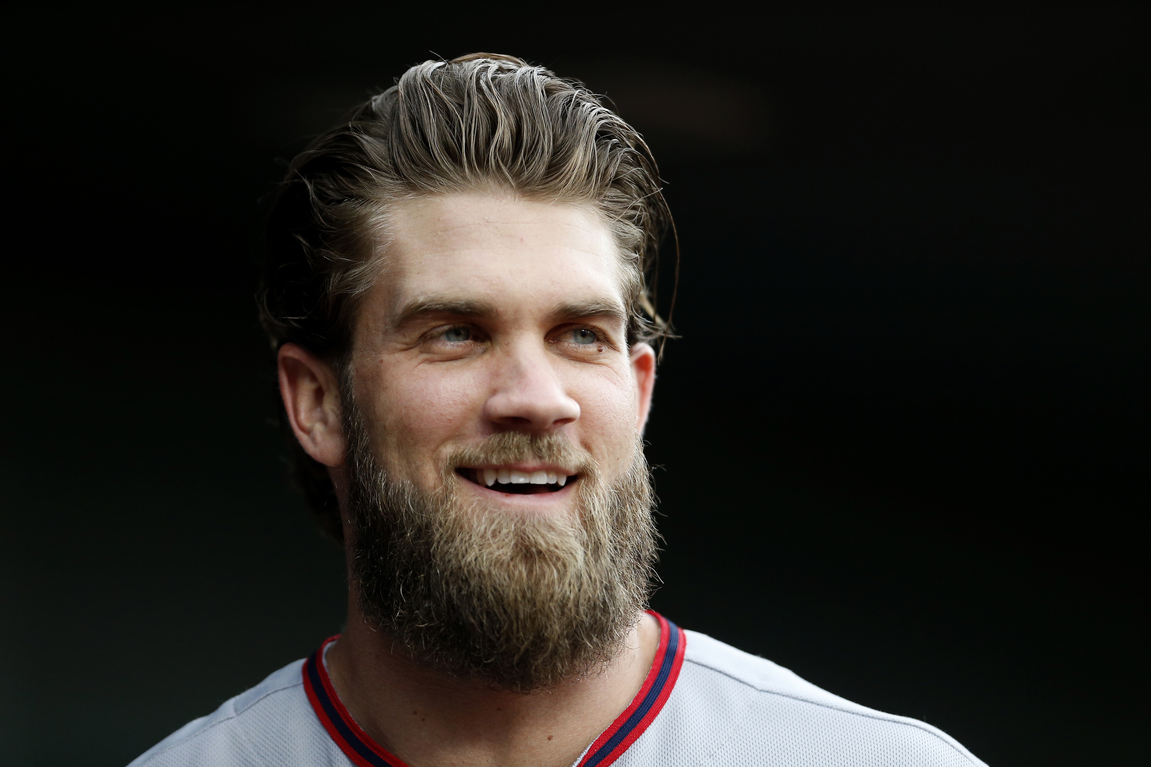 BALTIMORE, MD - MAY 9: Bryce Harper #34 of the Washington Nationals looks on from the dug out prior to a game against the Baltimore Orioles at Oriole Park at Camden Yards on May 9, 2017 in Baltimore, Maryland. (Photo by Matthew Hazlett/Getty Images)