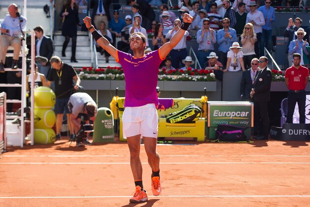 MADRID, SPAIN - MAY 13:  Rafael Nadal of Spain celebrates after beating Novak Djokovic of Serbia in their semi-final match during day eight of the Mutua Madrid Open tennis at La Caja Magica on May 13, 2017 in Madrid, Spain.  (Photo by Denis Doyle/Getty Images)