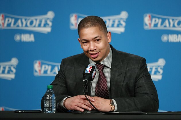TORONTO, CANADA - MAY 5:  Head Coach Tyronn Lue of the Cleveland Cavaliers speaks to the media during a press conference after Game Three of the Eastern Conference Semifinals against the Toronto Raptors during the 2017 NBA Playoffs on May 5, 2017 at the Air Canada Centre in Toronto, Ontario, Canada. NOTE TO USER: User expressly acknowledges and agrees that, by downloading and/or using this photograph, user is consenting to the terms and conditions of the Getty Images License Agreement.  Mandatory Copyright Notice: Copyright 2017 NBAE (Photo by Nathaniel S. Butler/NBAE via Getty Images)