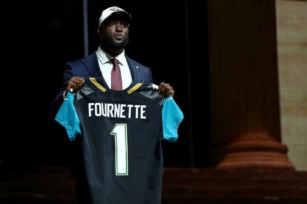 PHILADELPHIA, PA - APRIL 27:  Leonard Fournette of LSU reacts after being picked #4 overall by the Jacksonville Jaguars during the first round of the 2017 NFL Draft at the Philadelphia Museum of Art on April 27, 2017 in Philadelphia, Pennsylvania.  (Photo by Elsa/Getty Images)
