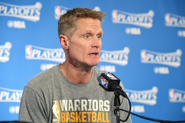 OAKLAND, CA - APRIL 16: Steve Kerr of the Golden State Warriors talks with the press after the game against the Portland Trail Blazers during the Western Conference Quarterfinals of the 2017 NBA Playoffs on April 16, 2017 at Oracle Arena in Oakland, California. NOTE TO USER: User expressly acknowledges and agrees that, by downloading and or using this photograph, user is consenting to the terms and conditions of Getty Images License Agreement. Mandatory Copyright Notice: Copyright 2017 NBAE (Photo by Garrett Ellwood/NBAE via Getty Images)