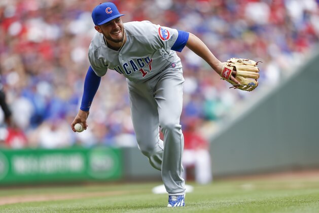 CINCINNATI, OH - APR 23: Kris Bryant #17 of the Chicago Cubs fields the ball during the game against the Cincinnati Reds at Great American Ball Park on April 23, 2017 in Cincinnati, Ohio. (Photo by Michael Hickey/Getty Images)