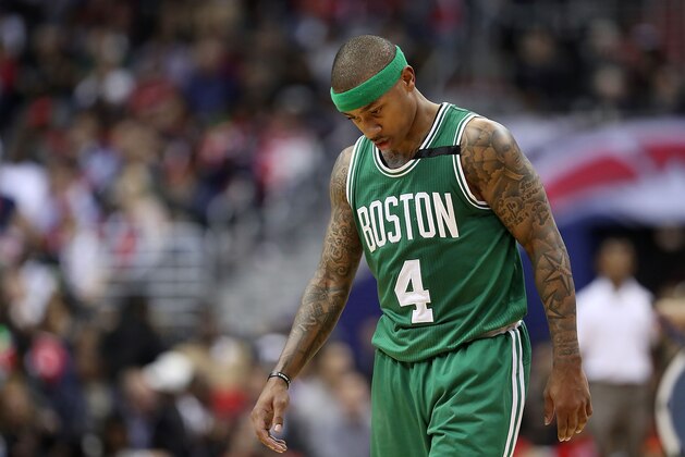 WASHINGTON, DC - MAY 12:  Isaiah Thomas #4 of the Boston Celtics reacts against the Washington Wizards during Game Six of the NBA Eastern Conference Semi-Finals at Verizon Center on May 12, 2017 in Washington, DC.  NOTE TO USER: User expressly acknowledges and agrees that, by downloading and or using this photograph, User is consenting to the terms and conditions of the Getty Images License Agreement.  (Photo by Rob Carr/Getty Images)