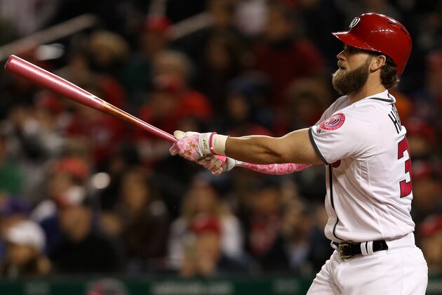 WASHINGTON, DC - MAY 13: Bryce Harper #34 of the Washington Nationals follows through on his walk off home run during the ninth inning against the Philadelphia Phillies at Nationals Park on May 13, 2017 in Washington, DC. (Photo by Patrick Smith/Getty Images)