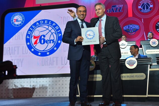 NEW YORK, NEW YORK - MAY 17:  Mark Tatum, NBA's deputy commissioner, poses for a photo with Brett Brown of the Philadelphia 76ers as they get the #1 pick during the 2016 NBA Draft Lottery at the New York Hilton in New York, New York. NOTE TO USER: User expressly acknowledges and agrees that, by downloading and or using this Photograph, user is consenting to the terms and conditions of the Getty Images License Agreement.  Mandatory Copyright Notice: Copyright 2016 NBAE (Photo by Jesse D. Garrabrant/NBAE via Getty Images)