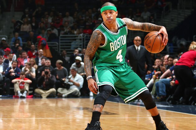 WASHINGTON, DC -  MAY 12: Isaiah Thomas #4 of the Boston Celtics handles the ball during the game against the Washington Wizards during Game Six of the Eastern Conference Semifinals of the 2017 NBA Playoffs on May 12, 2017 at Verizon Center in Washington, DC. NOTE TO USER: User expressly acknowledges and agrees that, by downloading and or using this Photograph, user is consenting to the terms and conditions of the Getty Images License Agreement. Mandatory Copyright Notice: Copyright 2017 NBAE (Photo by Ned Dishman/NBAE via Getty Images)
