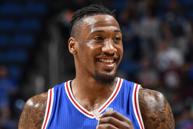 ORLANDO, FL - MARCH 20: Robert Covington #33 of the Philadelphia 76ers reacts to a play against the Orlando Magic during the game on March 20, 2017 at Amway Center in Orlando, Florida. NOTE TO USER: User expressly acknowledges and agrees that, by downloading and or using this photograph, User is consenting to the terms and conditions of the Getty Images License Agreement. Mandatory Copyright Notice: Copyright 2017 NBAE (Photo by Fernando Medina/NBAE via Getty Images)