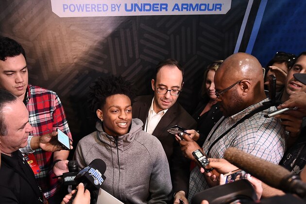 CHICAGO, IL - MAY 12:  De'Aaron Fox speaks to reporters during Day Two of the NBA Draft Combine at Quest MultiSport Complex on May 12, 2017 in Chicago, Illinois.  NOTE TO USER: User expressly acknowledges and agrees that, by downloading and or using this photograph, User is consenting to the terms and conditions of the Getty Images License Agreement.  (Photo by Stacy Revere/Getty Images)