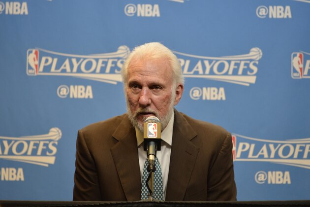 SAN ANTONIO, TX - MAY 9:  Gregg Popovich of the San Antonio Spurs speaks to the media after Game Five of the Western Conference Semifinals on May 9, 2017 at the AT&T Center in San Antonio, Texas. NOTE TO USER: User expressly acknowledges and agrees that, by downloading and or using this photograph, user is consenting to the terms and conditions of the Getty Images License Agreement. Mandatory Copyright Notice: Copyright 2017 NBAE (Photos by Mark Sobhani/NBAE via Getty Images)