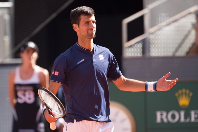 MADRID, SPAIN - MAY 13:  Novak Djokovic of Serbia reacts during his semi-final match against Rafael Nadal of Spain during day eight of the Mutua Madrid Open tennis at La Caja Magica on May 13, 2017 in Madrid, Spain.  (Photo by Denis Doyle/Getty Images)