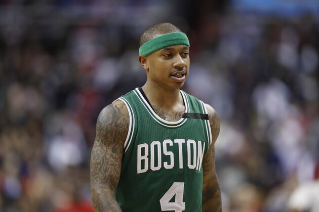 Boston Celtics guard Isaiah Thomas (4) walks on the court in the second half of game 6 of the Eastern Conference semifinal NBA basketball playoff series against the Washington Wizards, Friday, May 12, 2017, in Washington. The Wizards won 92-91. (AP Photo/Alex Brandon)