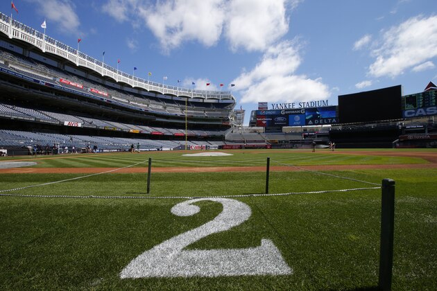 NEW YORK, NY - MAY 14: Derek Jeter's number 2 is painted on the field before game one of a doubleheader against the Houston Astros at Yankee Stadium on May 14, 2017 in New York City. Jeter will have his number retired between games of the doubleheader. (Photo by Rich Schultz/Getty Images)
