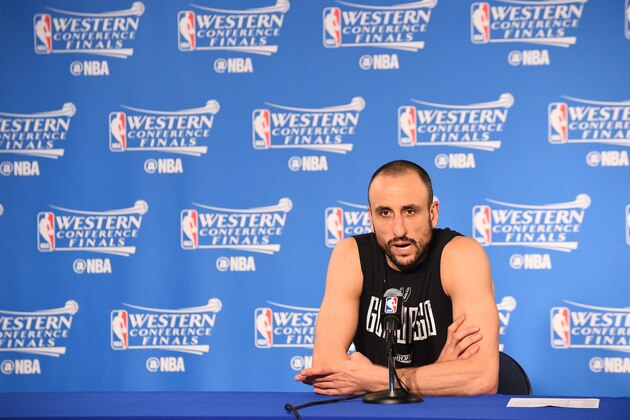 OAKLAND, CA - MAY 14: Manu Ginobili #20 of the San Antonio Spurs talks with the press after the game against the Golden State Warriors during Game One of the Western Conference Finals of the 2017 NBA Playoffs on May 14, 2017 at ORACLE Arena in Oakland, California. NOTE TO USER: User expressly acknowledges and agrees that, by downloading and or using this photograph, user is consenting to the terms and conditions of Getty Images License Agreement. Mandatory Copyright Notice: Copyright 2017 NBAE (Photo by Noah Graham/NBAE via Getty Images)