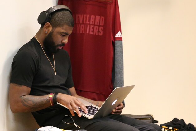 TORONTO, CANADA - MAY 7:  Kyrie Irving #2 of the Cleveland Cavaliers watches film before Game Four of the Eastern Conference Semifinals against the Toronto Raptors during the 2017 NBA Playoffs on May 7, 2017 at the Air Canada Centre in Toronto, Ontario, Canada. NOTE TO USER: User expressly acknowledges and agrees that, by downloading and or using this Photograph, user is consenting to the terms and conditions of the Getty Images License Agreement. Mandatory Copyright Notice: Copyright 2017 NBAE (Photo by Nathaniel S. Butler/NBAE via Getty Images)