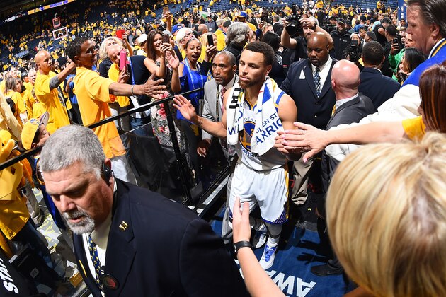 OAKLAND, CA - MAY 14: Stephen Curry #30 of the Golden State Warriors exits the court after the game against the San Antonio Spurs in Game One of the Western Conference Finals of the 2017 NBA Playoffs on May 14, 2017 at ORACLE Arena in Oakland, California. NOTE TO USER: User expressly acknowledges and agrees that, by downloading and/or using this Photograph, user is consenting to the terms and conditions of the Getty Images License Agreement. Mandatory Copyright Notice: Copyright 2017 NBAE (Photo by Andrew D. Bernstein/NBAE via Getty Images)