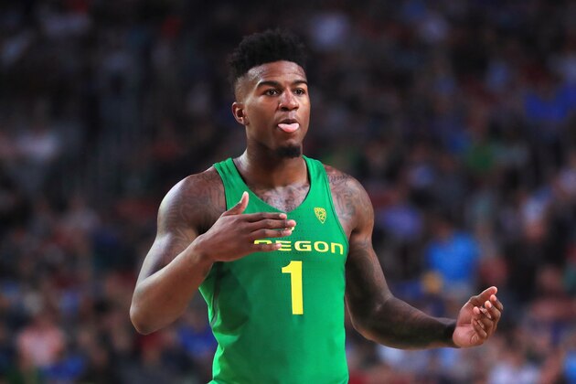 GLENDALE, AZ - APRIL 01: Jordan Bell #1 of the Oregon Ducks reacts in the second half against the North Carolina Tar Heels during the 2017 NCAA Men's Final Four Semifinal at University of Phoenix Stadium on April 1, 2017 in Glendale, Arizona.  (Photo by Ronald Martinez/Getty Images)