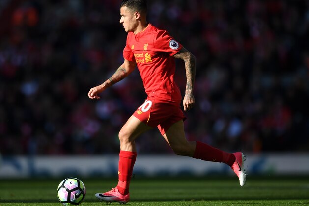 LIVERPOOL, ENGLAND - APRIL 23:  Philippe Coutinho of Liverpool in action during the Premier League match between Liverpool and Crystal Palace at Anfield on April 23, 2017 in Liverpool, England.  (Photo by Laurence Griffiths/Getty Images)