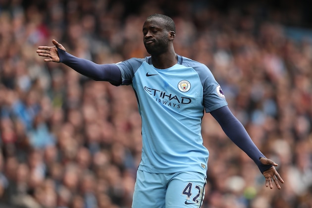 MANCHESTER, ENGLAND - MAY 13:  Yaya Toure of Manchester City reacts during the Premier League match between Manchester City and Leicester City at Etihad Stadium on May 13, 2017 in Manchester, England.  (Photo by Matthew Ashton - AMA/Getty Images)