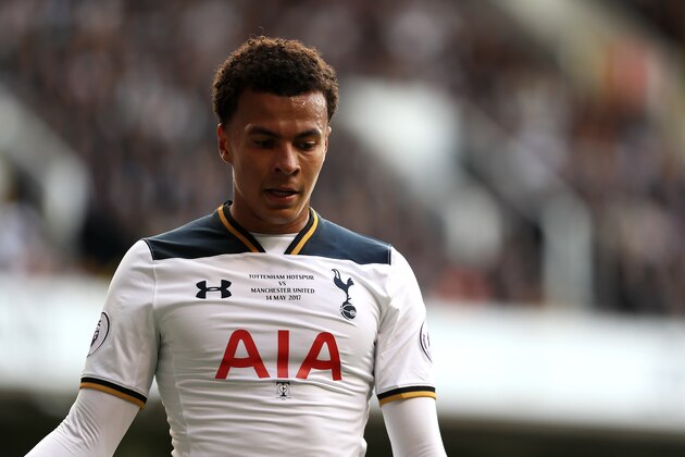 LONDON, ENGLAND - MAY 14:  Dele Alli of Tottenham Hotspur reacts during the Premier League match between Tottenham Hotspur and Manchester United at White Hart Lane on May 14, 2017 in London, England.  (Photo by Matthew Ashton - AMA/Getty Images)