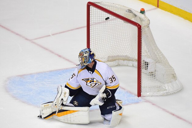 ANAHEIM, CA - MAY 14:  Goaltender Pekka Rinne #35 of the Nashville Predators can't make the save on a slapshot by Sami Vatanen #45 of the Anaheim Ducks (not in photo) in the first period of Game Two of the Western Conference Final during the 2017 Stanley Cup Playoffs at Honda Center on May 14, 2017 in Anaheim, California.  (Photo by Harry How/Getty Images)