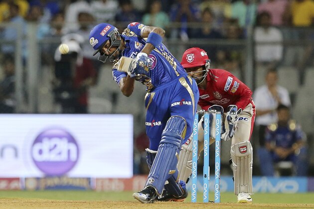 Mumbai Indians player Hardik Pandya plays a shot during their Indian Premier League (IPL) cricket match against Kings XI Punjab in Mumbai, India, Thursday, May 11, 2017. (AP Photo/Rajanish Kakade)
