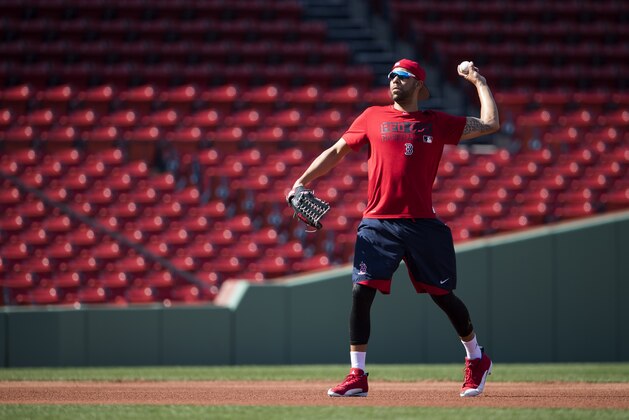 BOSTON, MA - APRIL 11:  David Price #24 of the Boston Red Sox throws from the infield before a game against the Baltimore Orioles at Fenway Park on April 11, 2017 in Boston, Massachusetts. (Photo by Michael Ivins/Boston Red Sox/Getty Images)