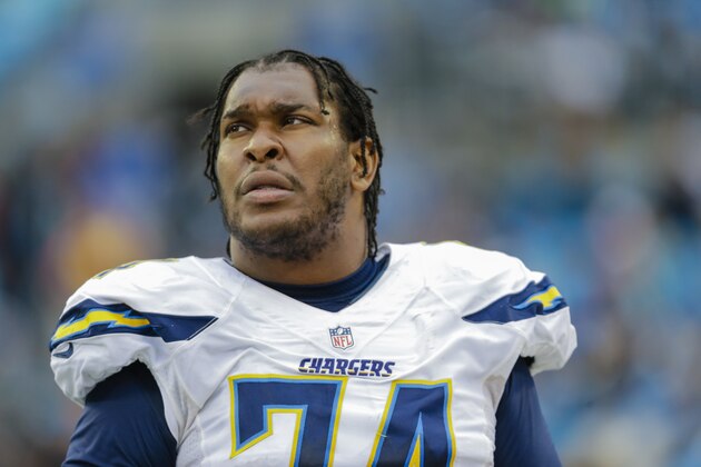 San Diego Chargers' Orlando Franklin (74) on the sidelines against the Carolina Panthers during the first half of an NFL football game in Charlotte, N.C., Sunday, Dec. 11, 2016. The Panthers won 28-16. (AP Photo/Bob Leverone)