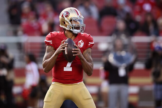 SANTA CLARA, CA - JANUARY 01: Colin Kaepernick #7 of the San Francisco 49ers drops back to pass against the Seattle Seahawks at Levi's Stadium on January 1, 2017 in Santa Clara, California.  (Photo by Ezra Shaw/Getty Images)