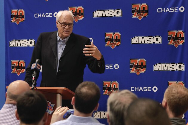 New York Knicks president Phil Jackson answers questions during a news conference at the team's training facility, Friday, April 14, 2017, in Greenburgh, N.Y. (AP Photo/Julie Jacobson)