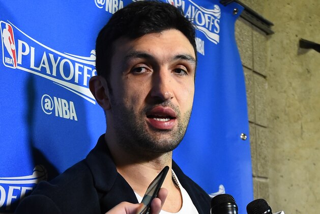 SALT LAKE CITY, UT - MAY 8:  Zaza Pachulia #27 of the Golden State Warriors speaks to the media after Game Four of the Western Conference Semifinals of the 2017 NBA Playoffs on May 8, 2017 at vivint.SmartHome Arena in Salt Lake City, Utah. NOTE TO USER: User expressly acknowledges and agrees that, by downloading and/or using this Photograph, user is consenting to the terms and conditions of the Getty Images License Agreement. Mandatory Copyright Notice: Copyright 2017 NBAE (Photo by Andrew D. Bernstein/NBAE via Getty Images)