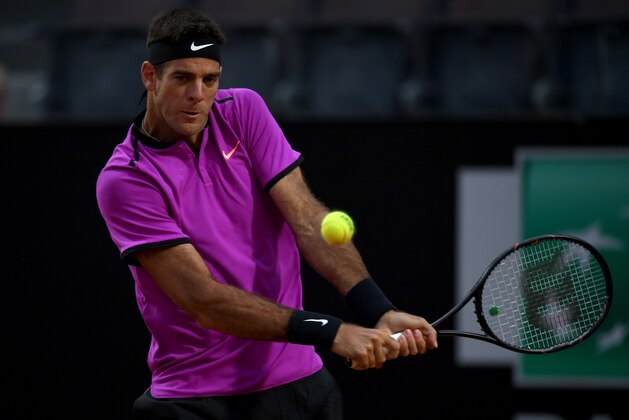 ROME, ITALY - MAY 15:  Juan Martin Del Potro of Argentina plays a shot during his first round match against Grigor Dimitrov of Bulgaria in The Internazionali BNL d'Italia 2017 at Foro Italico on May 15, 2017 in Rome, Italy.  (Photo by Gareth Copley/Getty Images)